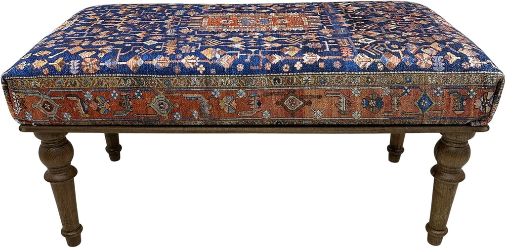 Boho Turkish Rug Upholstered Wood Ottoman Bench, Piano Bench, Blue Decorative Entryway Bench, Bedroom Ottoman, Kitchen Dining Bench, Footstool Ottoman Handmade (18x18X36, Blue Floral)
