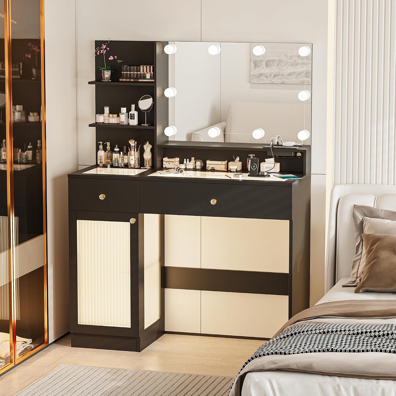 INNOD 40' Vanity Desk with Large Mirror and Lights, Modern Glass Top Makeup Vanity Set with Power Outlet, Drawers and Cabinet, 3 Lighting Color Adjustable Dressing Table for Bedroom, Black