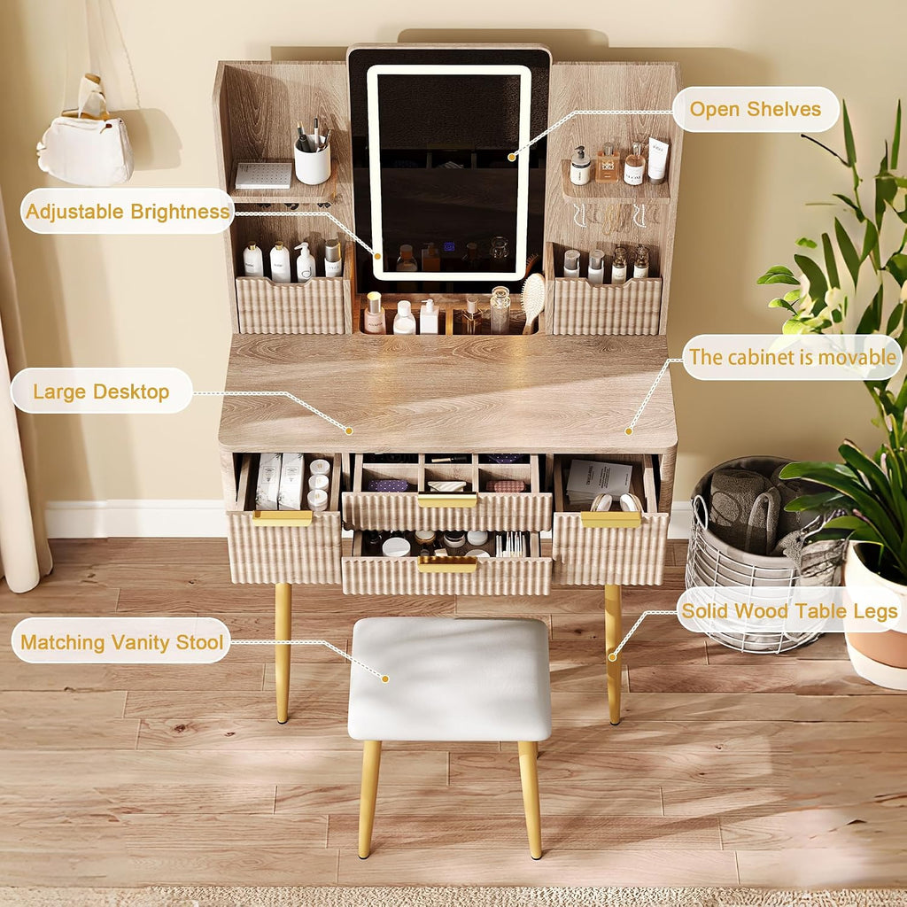 Vanity Desk with LED Mirror Lights, 4 Drawers & Jewelry Storage, Makeup Vanity Set with Metal Legs and PU Stool, Dressing Table for Bedroom Girls, Yellow Brown