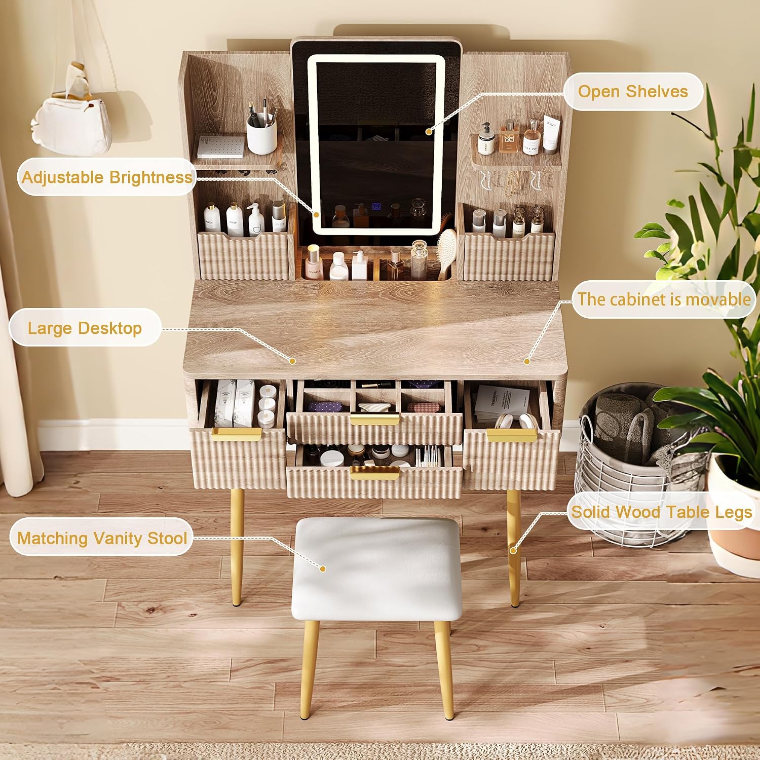 Vanity Desk with LED Mirror Lights, 4 Drawers & Jewelry Storage, Makeup Vanity Set with Metal Legs and PU Stool, Dressing Table for Bedroom Girls, Yellow Brown