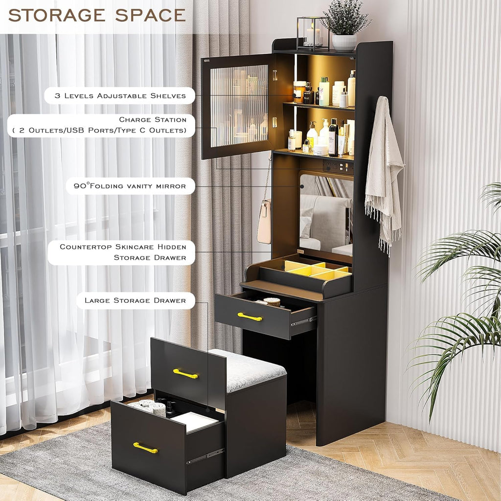 3 in 1 Vanity Desk with Mirror and Lights,Tall Makeup Vanity Set with Hidden Stool & Flip-up Mirror, Compact Make Up Vanity and Desk Combo for Small Spaces (Black)