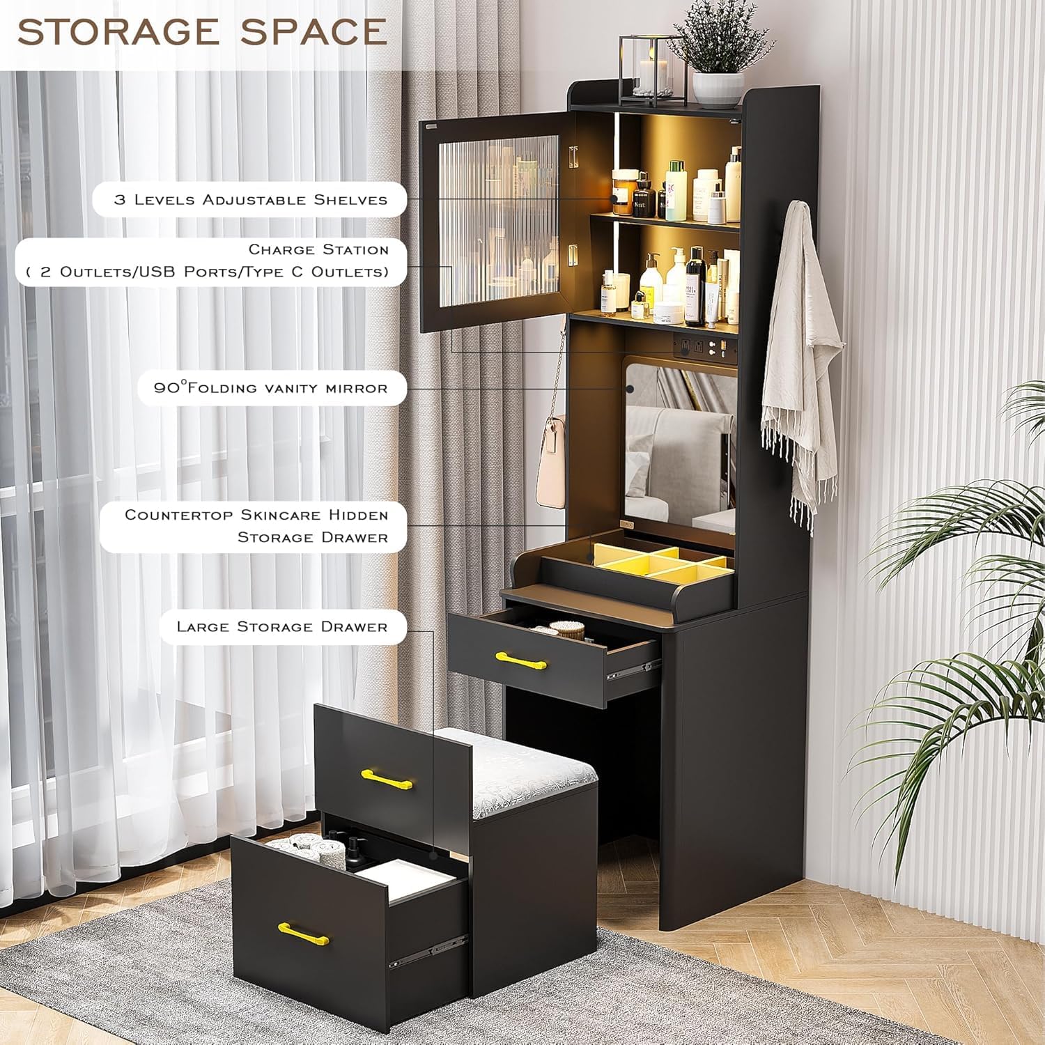 3 in 1 Vanity Desk with Mirror and Lights,Tall Makeup Vanity Set with Hidden Stool & Flip-up Mirror, Compact Make Up Vanity and Desk Combo for Small Spaces (Black)