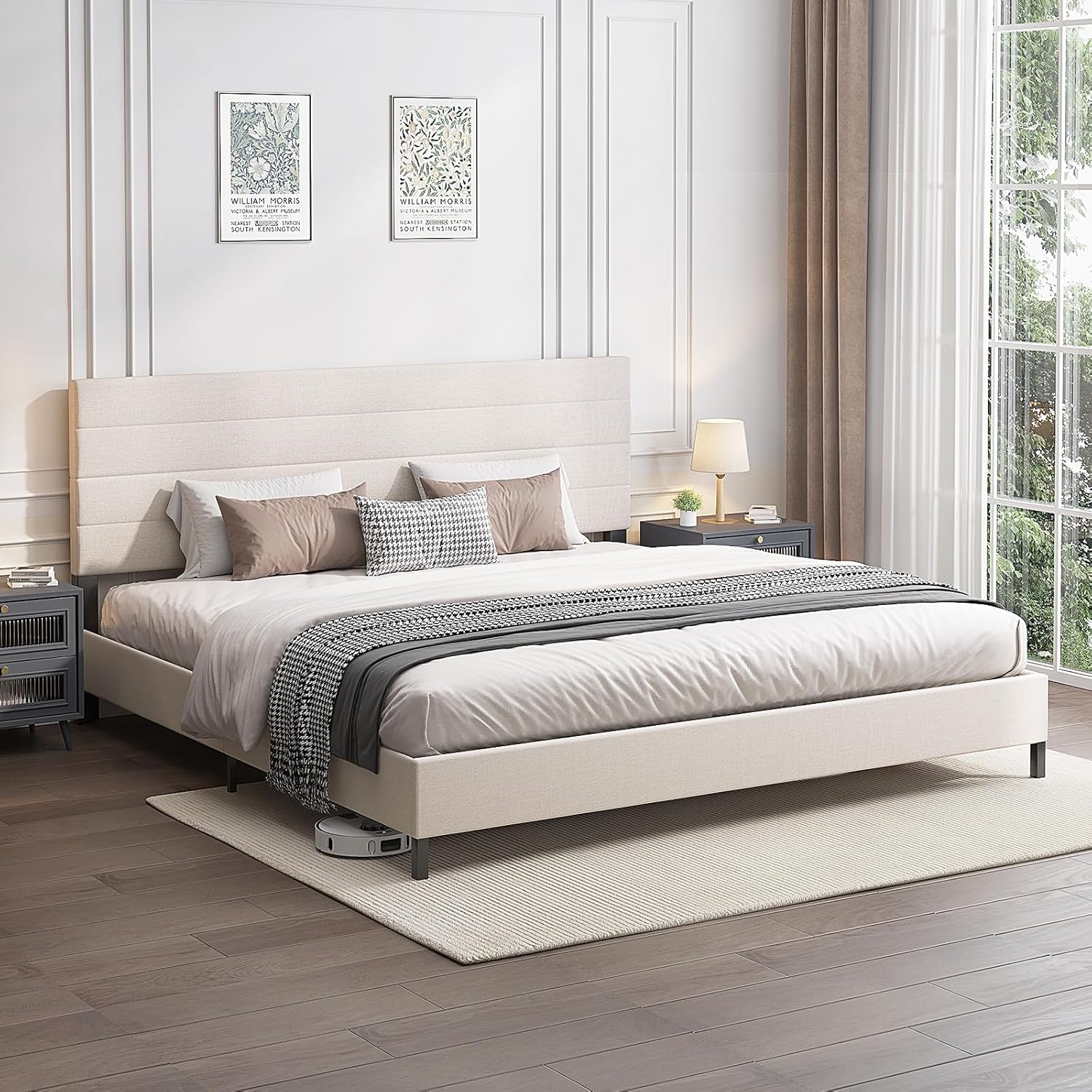 Furnihome King Size Bed Frame, Modern Upholstered Bed Frame King with Adjustable Linen Headboard, Wooden Slats Support Platform, No Box Spring Needed,Easy Assembly,Beige