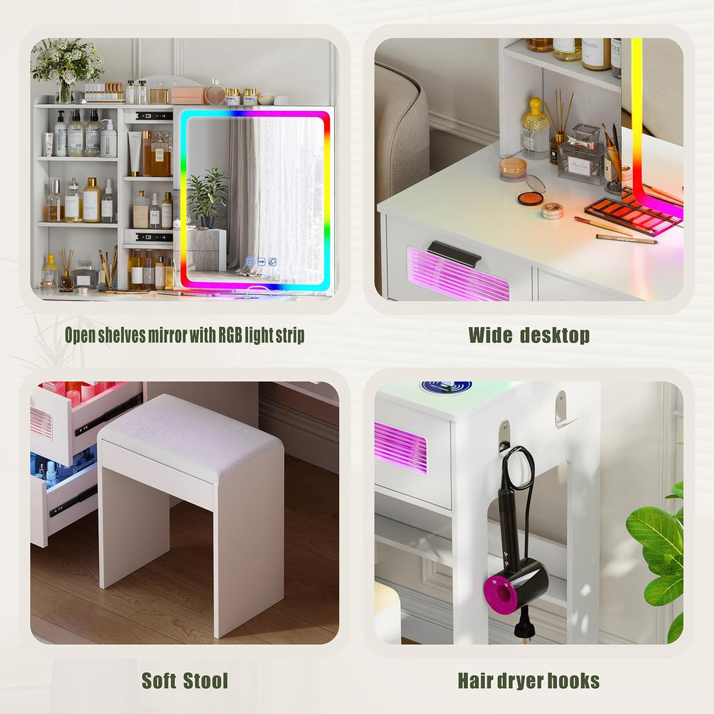 Vanity Desk with Mirror and Adjustable RGB Lights,Large 6 Drawers Makeup Table with Charging Station for Women and Girls, Bedroom or Dorm, White