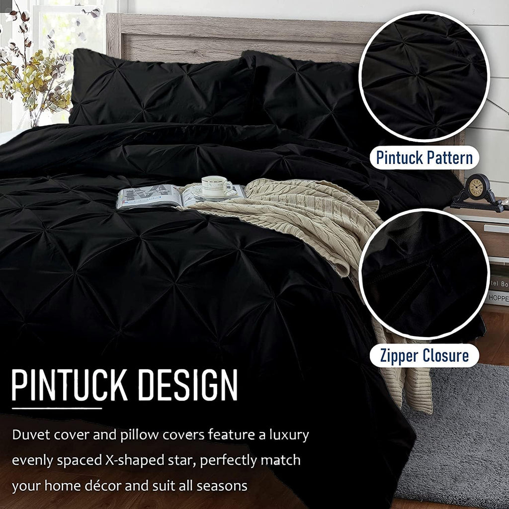 Crown Collection 1000 TC Hypoallergenic Ultra Soft Design 100% Egyptian Cotton Pinch Plated Duvet Cover with Zipper Colser & 2pcs Pillow Case Set (Alaskan 120'x136'), Black