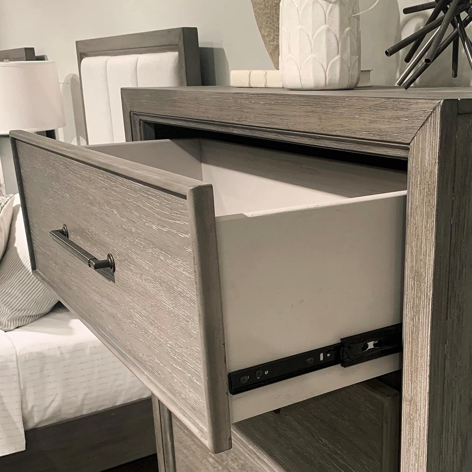 Roundhill Furniture Ennesley 3-Piece Gray Wood Bedroom Set, Upholstered Bed and 2 Nightstands, King
