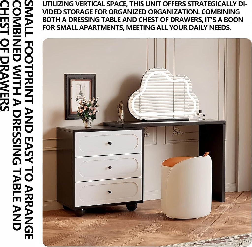 Vanity Desk Table with 3 Color Lighted Cloud-Shaped Smart Makeup Mirror, Corner Dresser Wide Tabletop with Retractable Design, Drawers Chest Installed Left or Right(White,W/o CHR,23.6in)