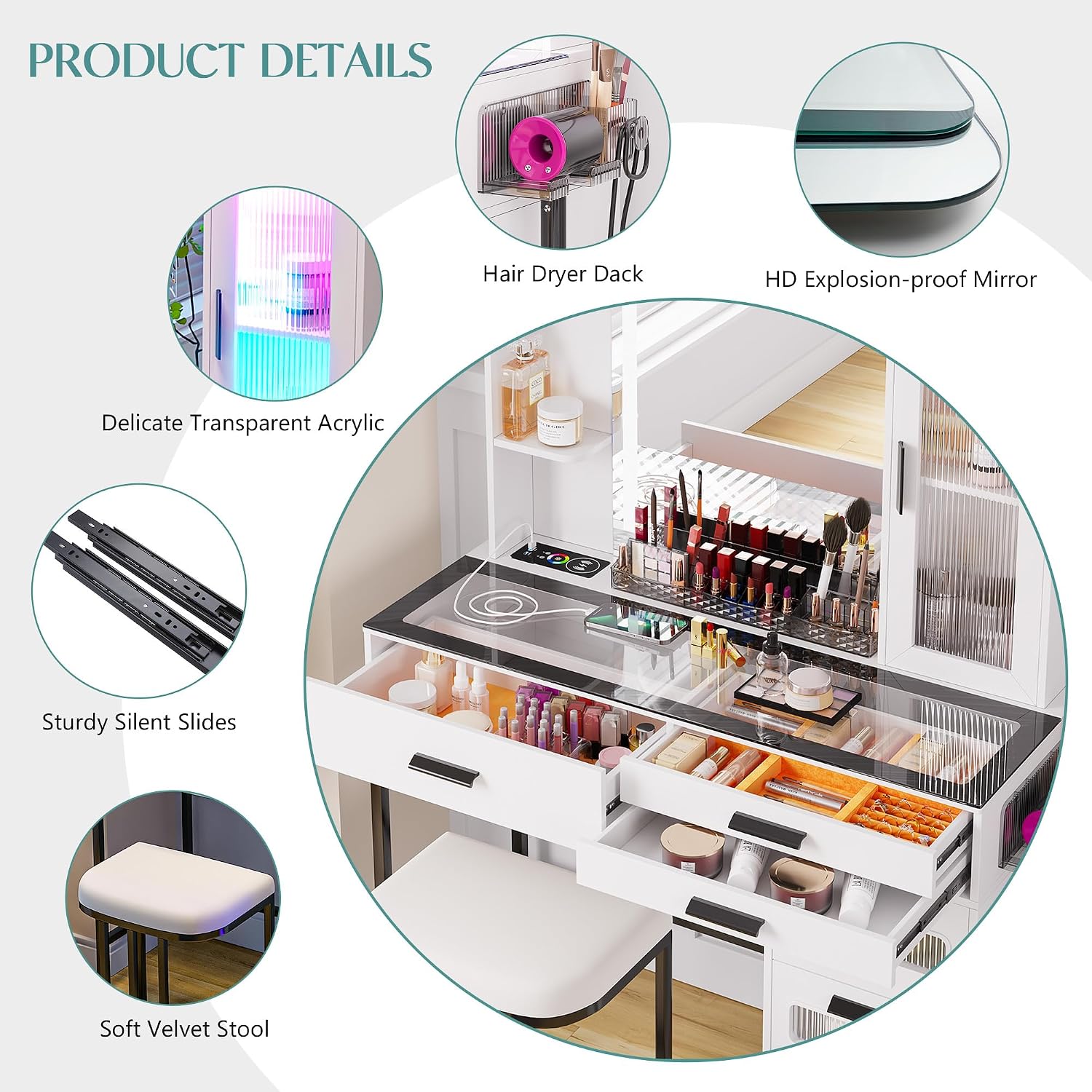 WOOVIVS Vanity with Lights for Girls- Vanities Table with LED Mirror, RGB Makeup Vanity with Wireless Charging Station, 6 Drawers Dress with Glass Top,Chair,Jewelry Organizer for Bedroom-White