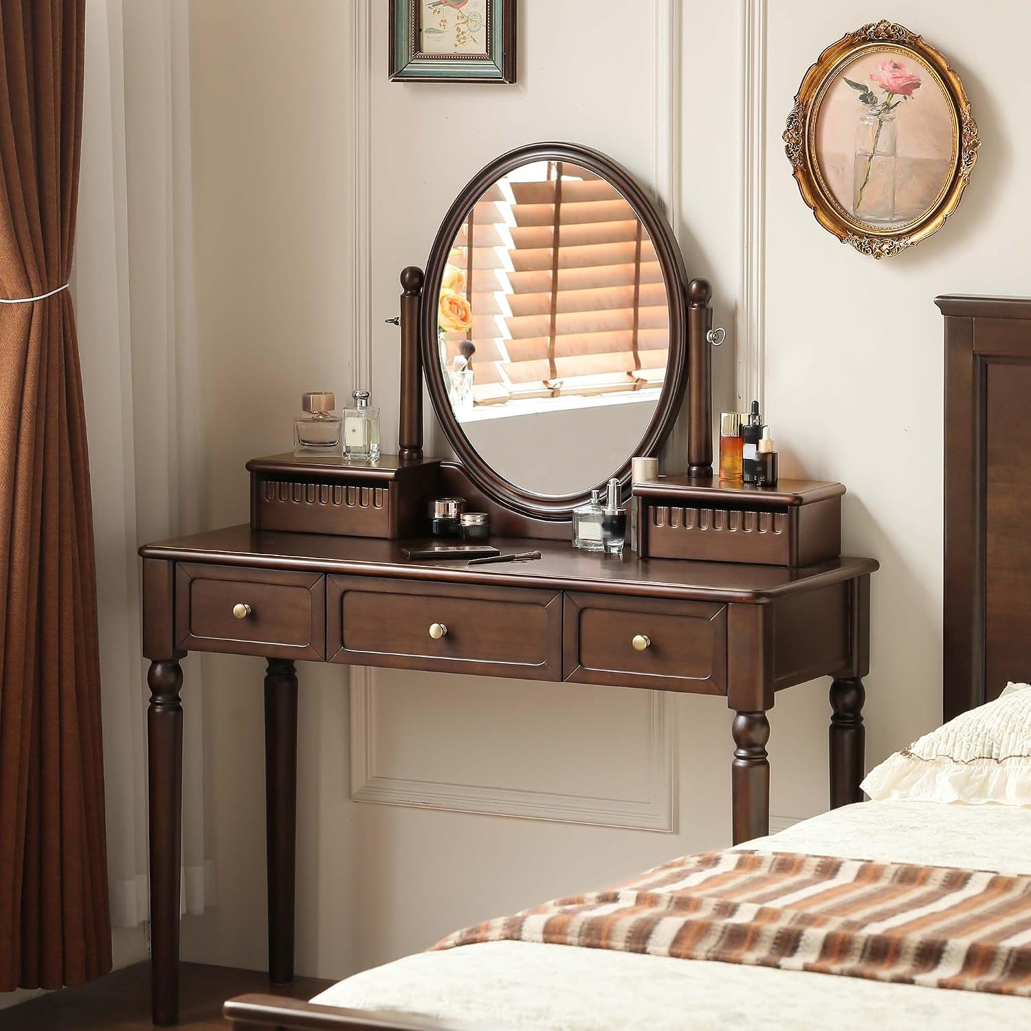 Solid Wood Vanity Desk with Mirror, Walnut Vintage Dressing Table for Bedroom, Antique Catalpa Makeup Table, 43' W x 18' D x 56' H