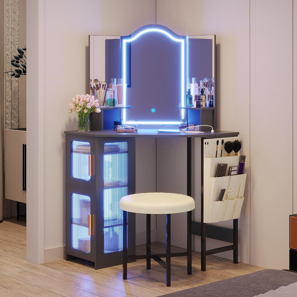 Lareth Corner Vanity Desk with 3 Way Mirror and Lights, Modern Makeup Vanity with Charging Station, 44' Large Bedroom Dressing Table with Stool & Shelves, Gifts for Girls Women, Grey