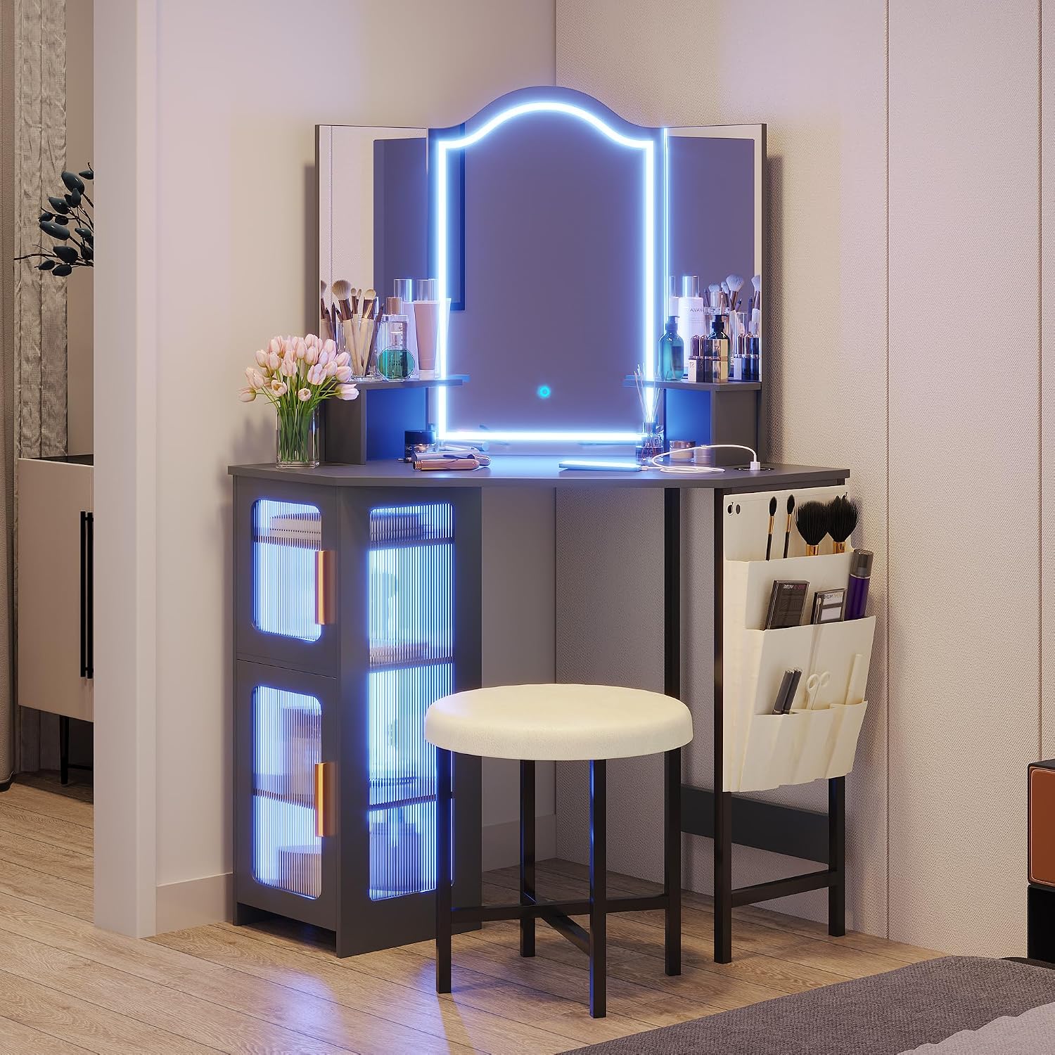 Lareth Corner Vanity Desk with 3 Way Mirror and Lights, Modern Makeup Vanity with Charging Station, 44' Large Bedroom Dressing Table with Stool & Shelves, Gifts for Girls Women, Grey