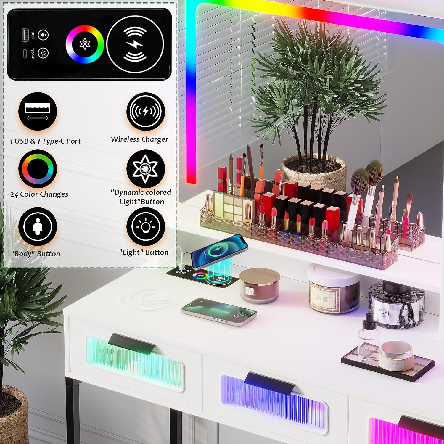 HNEBC RGB Vanity Desk with Mirror and Lights, LED Vanity Makeup Desk with USB/Wireless Charger Station, Vanities Dressing Table Sets with 6 Drawers/Cabins/Stool/Shelves for Bedroom&Cloakroom,White