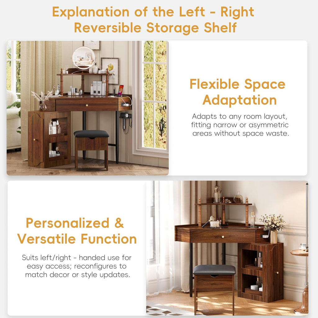 Corner Vanity Desk Set with Storage Cushioned Stool and Charging Station, Triangle Makeup Desk with Removable Pull Out Side Cabinet, Glass Tabletop Makeup Vanity Desk with Drawer and Shelf, Walnut