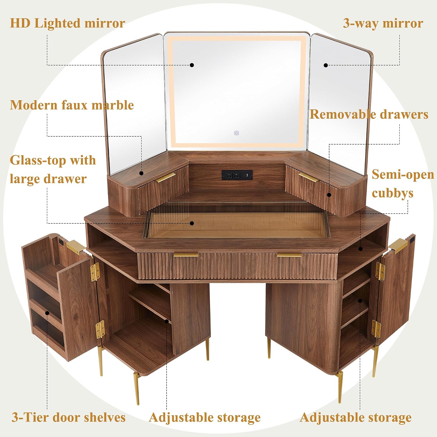 T4TREAM 48' Fluted Makeup Vanity Desk with HD Triple Mirror and Lights, Large Lighted Corner Vanity with Glass Top, Modern Dressing Table with 3 Drawers & 2 Cabinets for Bedroom, Light Walnut