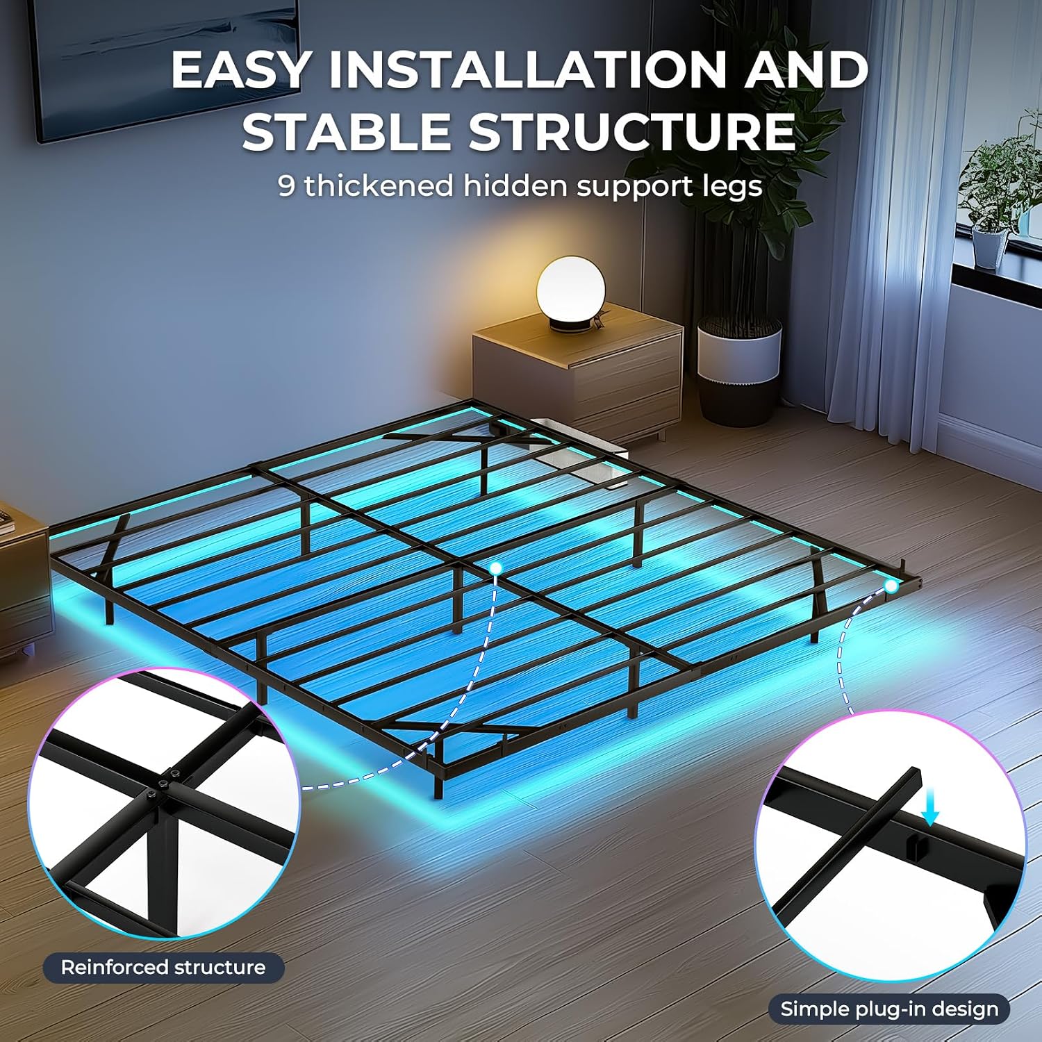 Tatub King Floating Bed Frame with Bedside Caddy, LED Floating Metal Platform Bed Frame with Charing Station & 4 Mattress Slide Stopper, No Box Spring Needed, Easy to Assemble