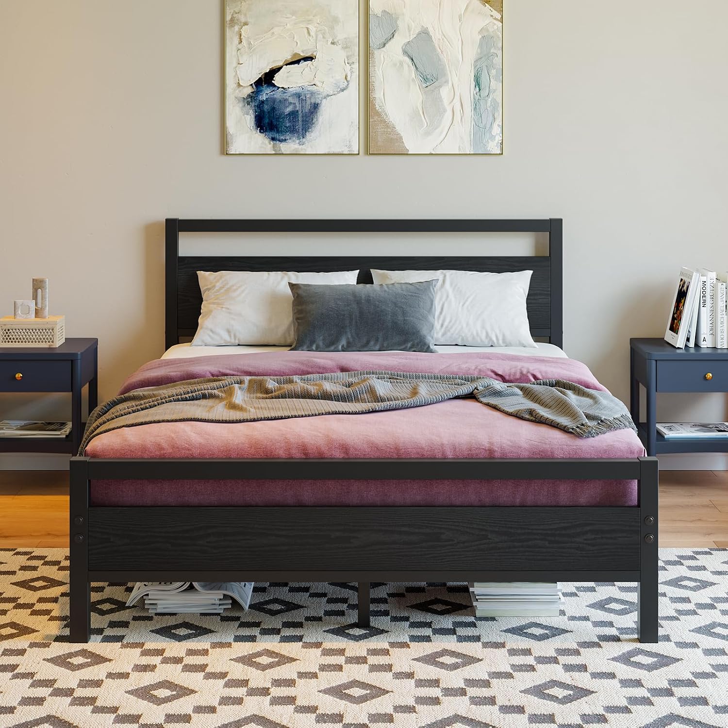 BOFENG Full Size Bed Frame with Wood Headboard,Heavy Duty Platform Bed Frame Full with Storage No Box Spring Needed,Reinforced Steel Slats Support,Mattress Foundation,Black