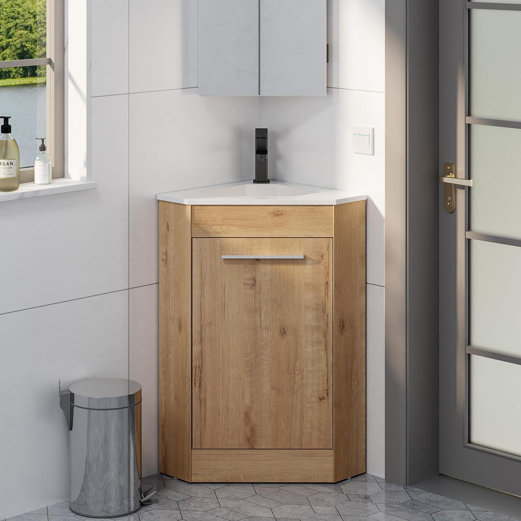 eclife 26' Corner Bathroom Vanity Sink Combo for Small Space Freestanding Storage Cabinet with White Resin Sink and Matte Black Faucet, Natural