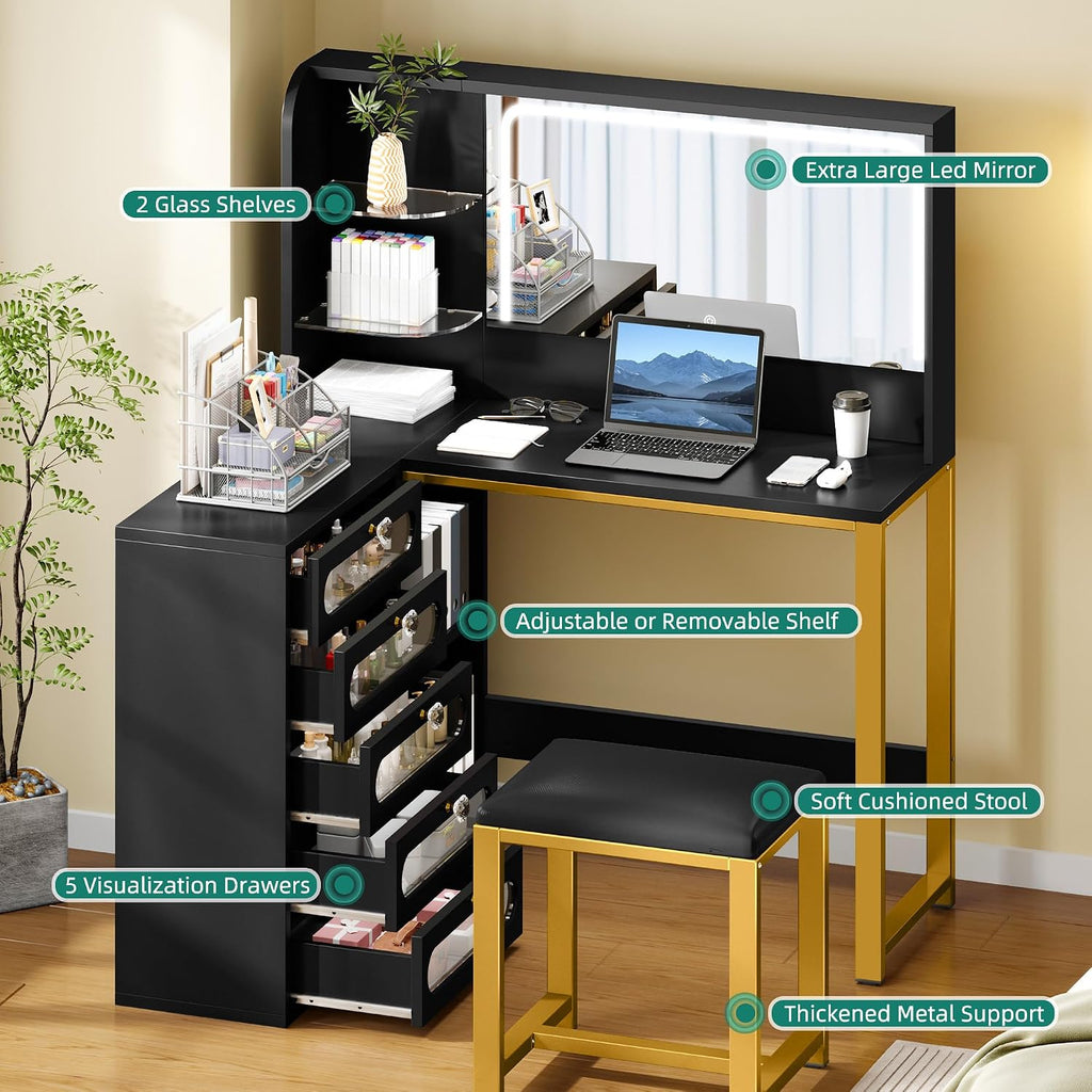 DWVO Vanity Desk with Light and Mirror, 3 Lighting Modes, L-Shaped Corner Vanity Table, 48' Large Dressing Table with 5 Tempered Glass Drawers with Open Storage Shelves