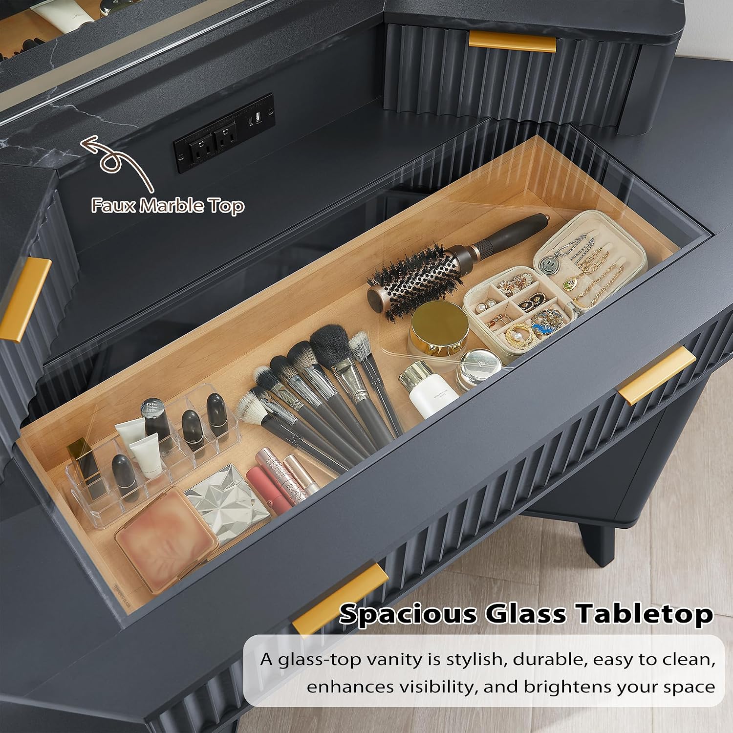 T4TREAM Fluted Makeup Vanity Desk with 3 Way Mirror and Lights, 48' Large Corner Vanity Table with Glass Top, Charging Station, 3 Drawers, Storage Cabinets & Shelves, for Bedroom, Dark Grey