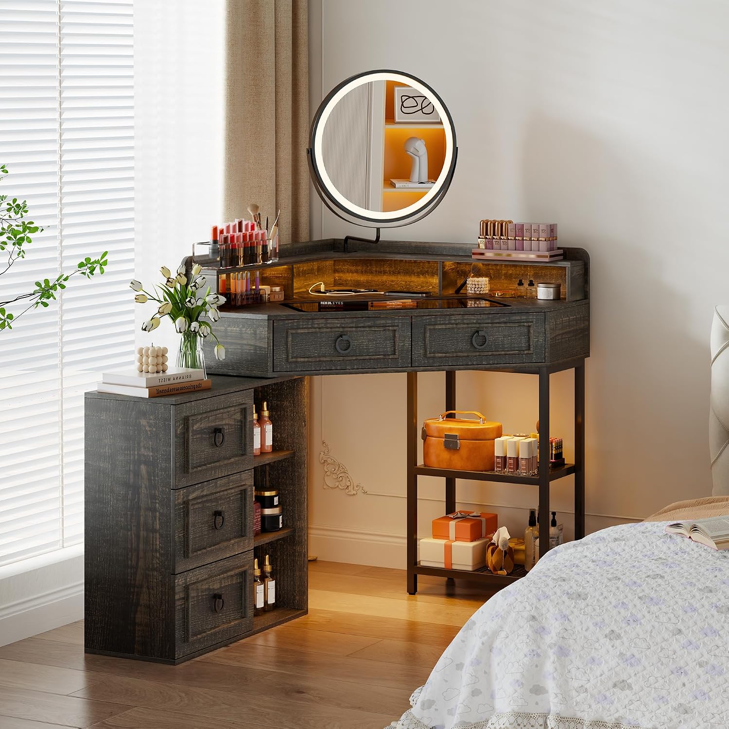 Corner Vanity Desk with Rotating Mirror and Lights,Glass Top Makeup Vanity with Human Body Senor&Charging Station,LED Vanity Table Set with 5 Drawers and Shelves for Bedroom