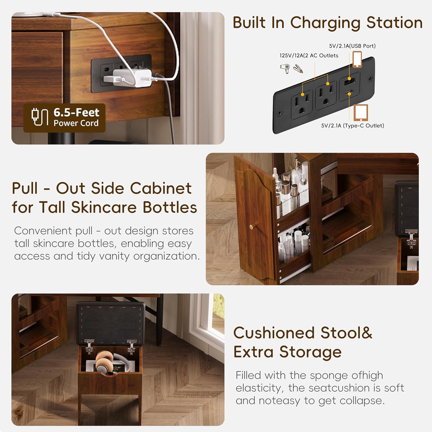 Corner Vanity Desk Set with Storage Cushioned Stool and Charging Station, Triangle Makeup Desk with Removable Pull Out Side Cabinet, Glass Tabletop Makeup Vanity Desk with Drawer and Shelf, Walnut