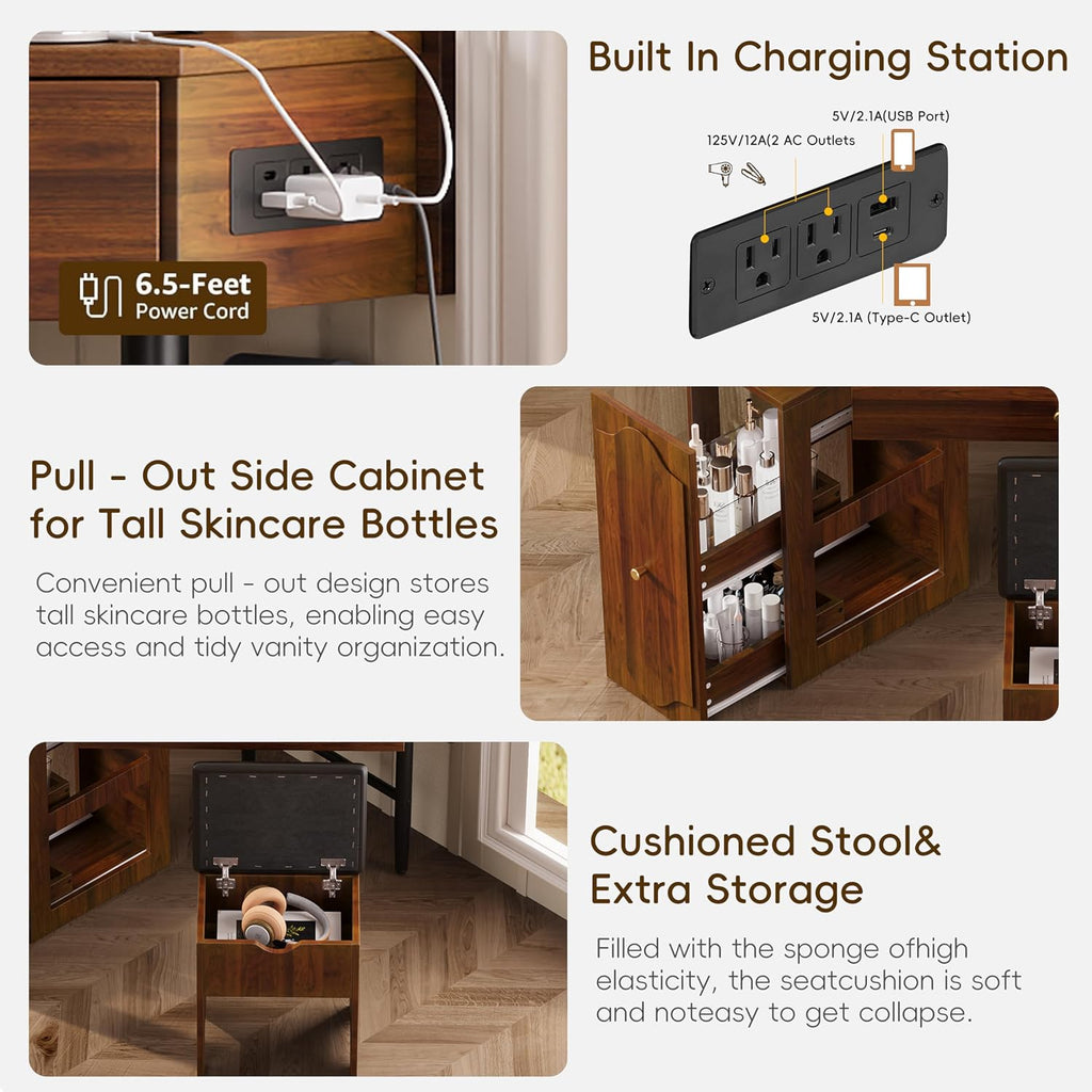 Corner Vanity Desk Set with Storage Cushioned Stool and Charging Station, Triangle Makeup Desk with Removable Pull-Out Side Cabinet, Glass Tabletop, Drawer and Shelf (Walnut)