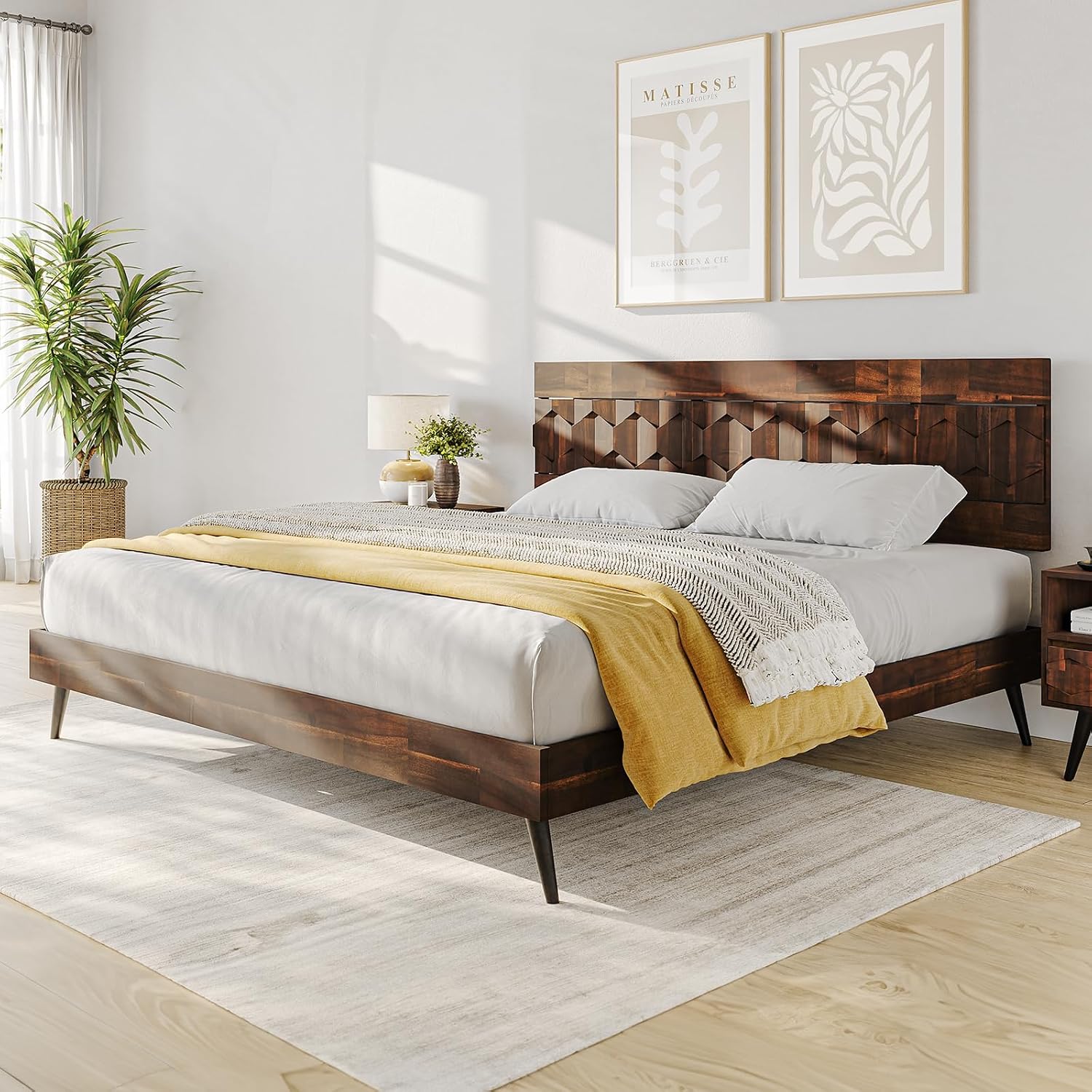 Bme Georgina Signature Dark Choco Bed Frame, King Bed Frame and Headboard Handcrafted Geometric, Mid Century Modern, Solid Acacia Wood, No Box Spring Needed, 12 Wood Slats Support, Easy Assembly