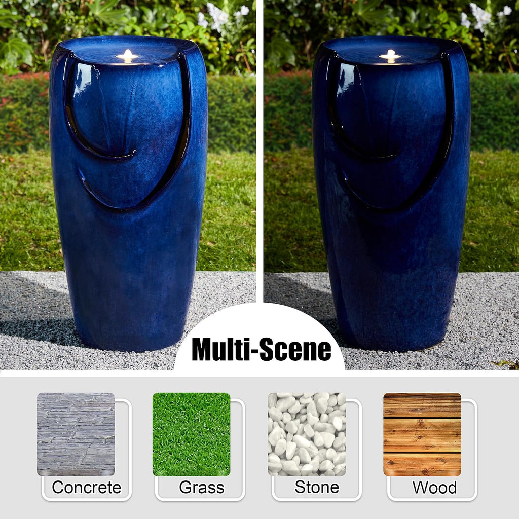 Glitzhome 29.25' H Outdoor Water Fountain Ceramic Jar Water Fountain with LED Light and Submersible Pump Vase Freestanding Water Fountain for Patio Garden Yard Art Decor, Cobalt Blue