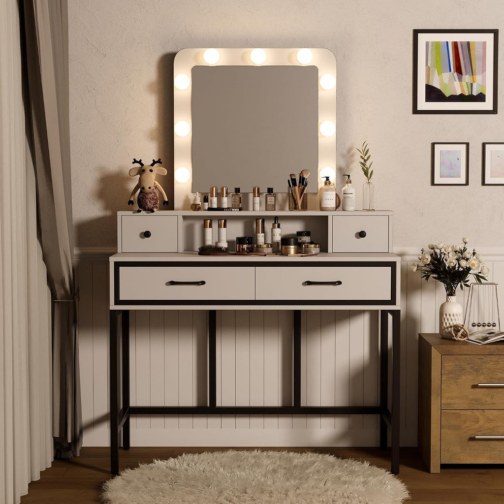 SUNVIVI Vanity, Makeup Vanity Desk with 3 Color Dimmable Lighted Hollywood Mirror, White Vanity with 4 Drawers, Large Dressing Table for Women Girls