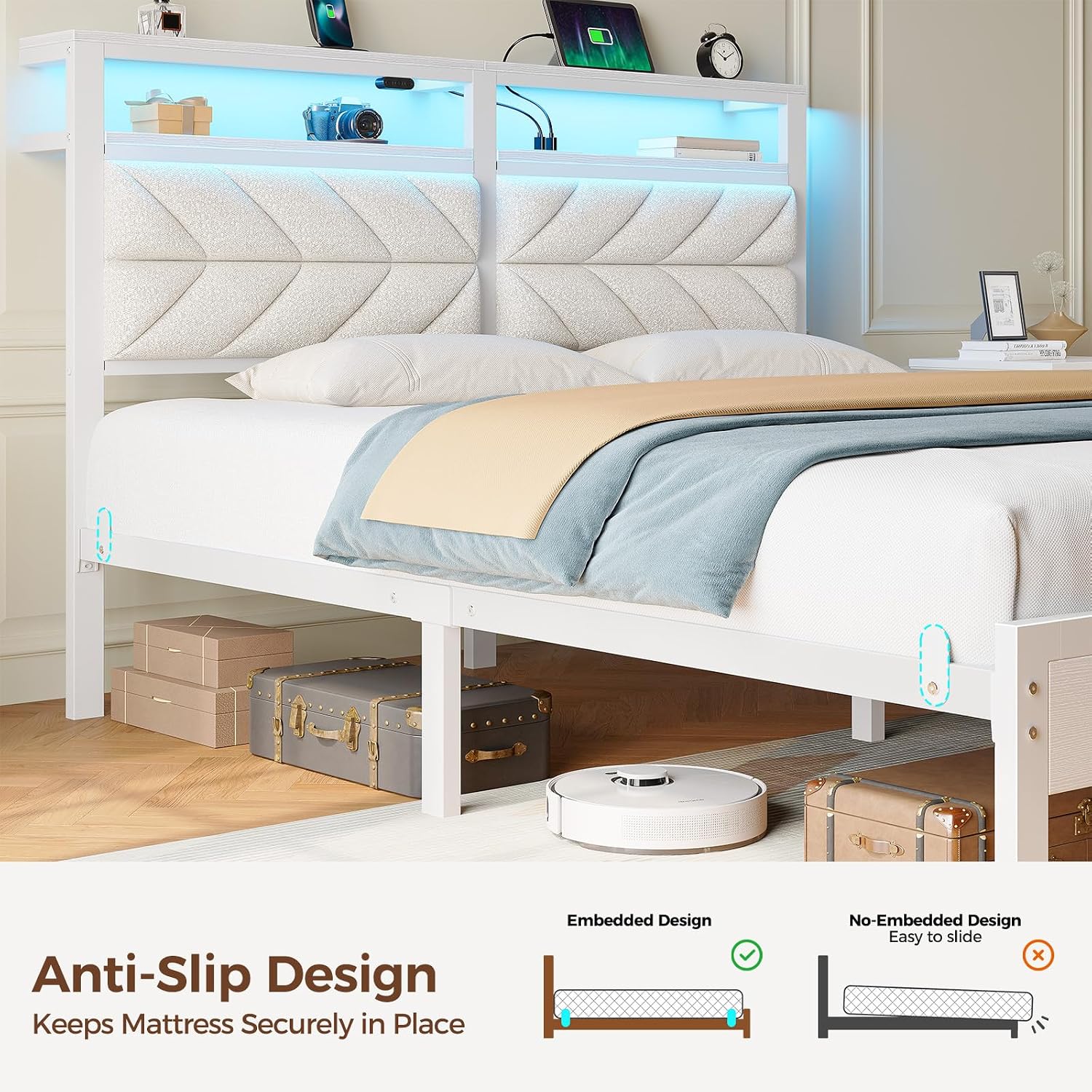 Seventable Bed Frame Queen Size with Charging Station, LED Bed with Upholstered Storage Headboard, Metal Platform Bed with Under Storage, No Box Spring Needed, Noise Free, Easy Assembly, White