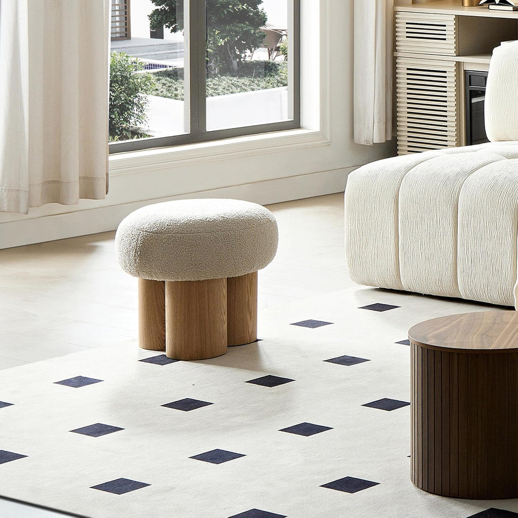 Mushroom Ottoman Stool with Teddy Fabric Round Seat, Three-Leg Wood Grain Base, Plush Foot Rest for Entryway Living Room Bedroom Vanity Makeup Corner Accent Seating Side Table Modern (Greige)