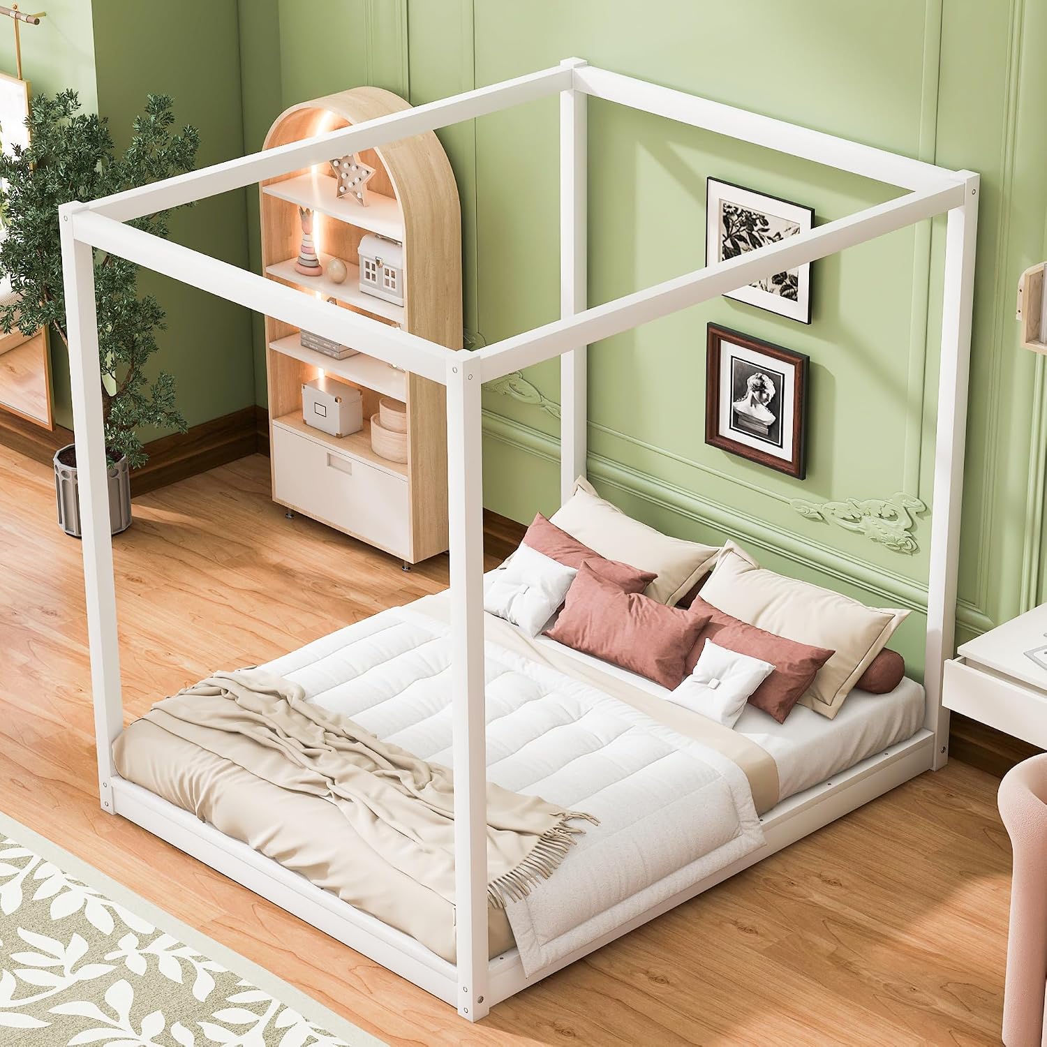 Merax Queen Size Canopy Bed with Support Legs, Queen Size/Mattress Foundation with Wood Slats, 4 Poster Platform Bed Canopy Bed, White