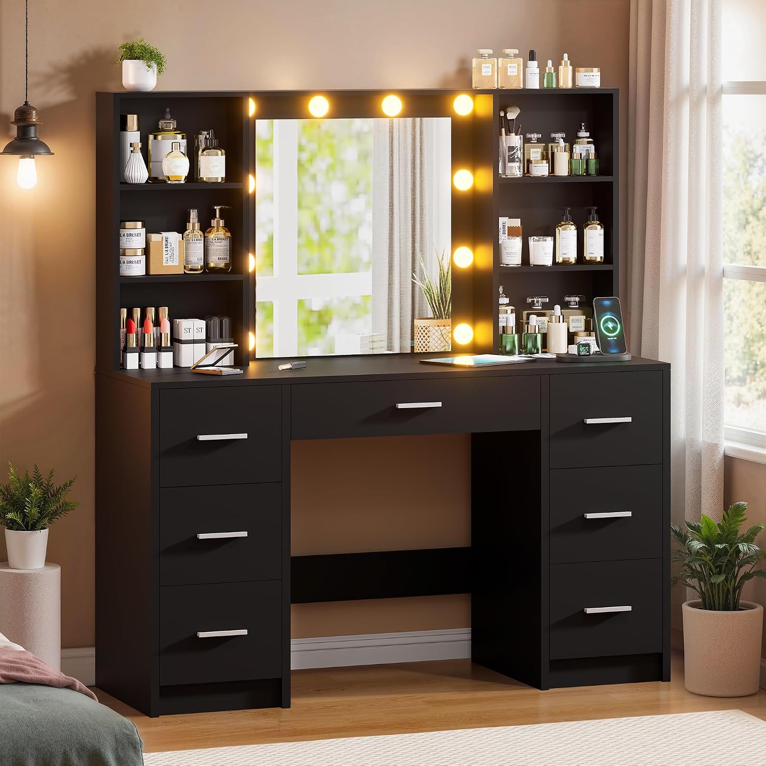 Vanity Desk with Mirror and LED Lights, Large Vanity with 7 Drawers and 6 Shelves, Make up Vanity Dressing Table with Charging Station for Girls, Women (Black)