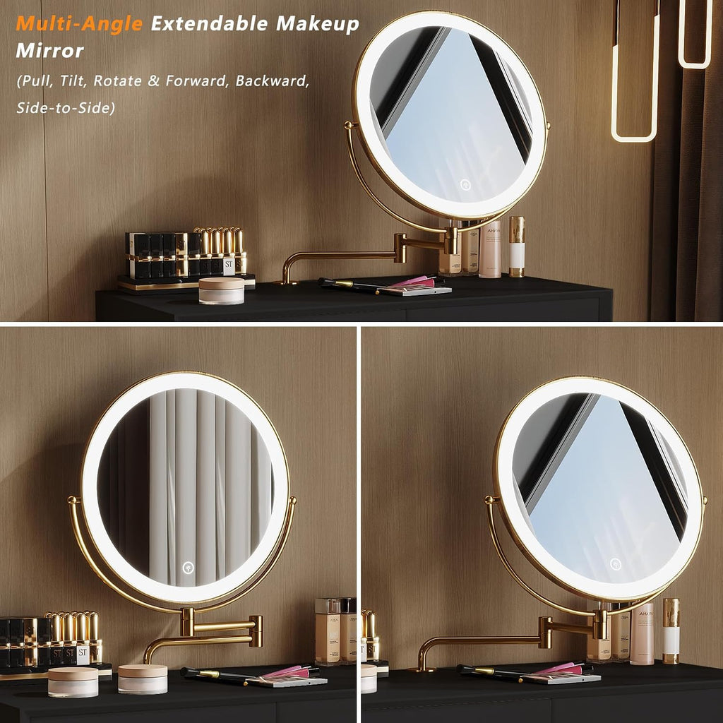 Vanity Desk with Adjustable Mirror and Lights, Makeup Vanity with 2 Drawers and Chair, Small Dressing Table with Leather Surface for Bedroom, 3 Lighting Modes (Black)