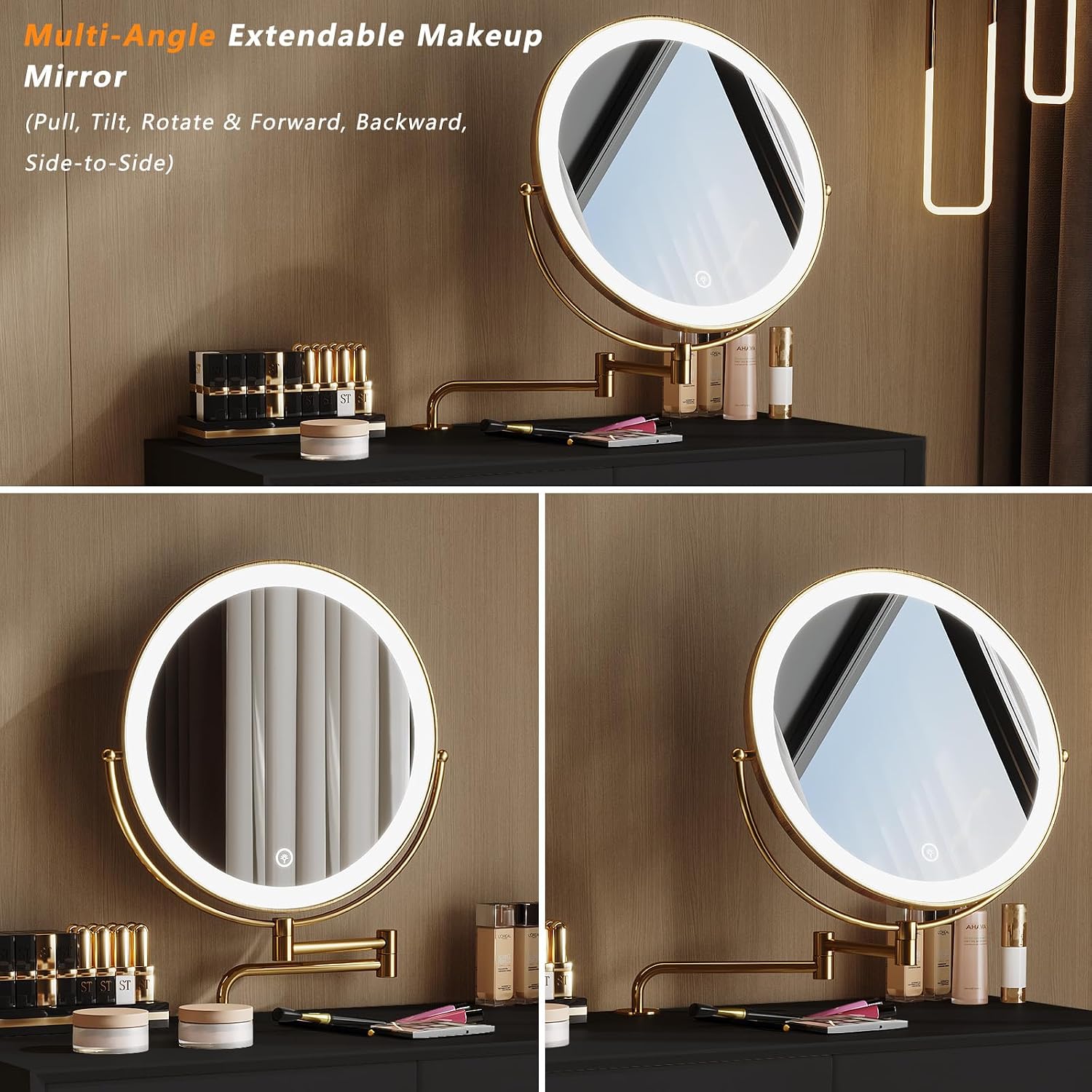 Vanity Desk with Adjustable Mirror and Lights, Makeup Vanity with 2 Drawers and Chair, Small Dressing Table with Leather Surface for Bedroom, 3 Lighting Modes (Black)