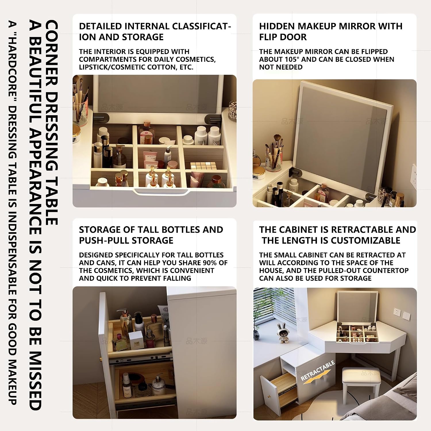 Vanity Desk with Chair, Solid Wood Corner Makeup Vanitys with Flip-Top Mirror, Expandable Storage Cabinet, Interchangeable Left and Right, Dresser with Mirror for Small Spaces(Natural)