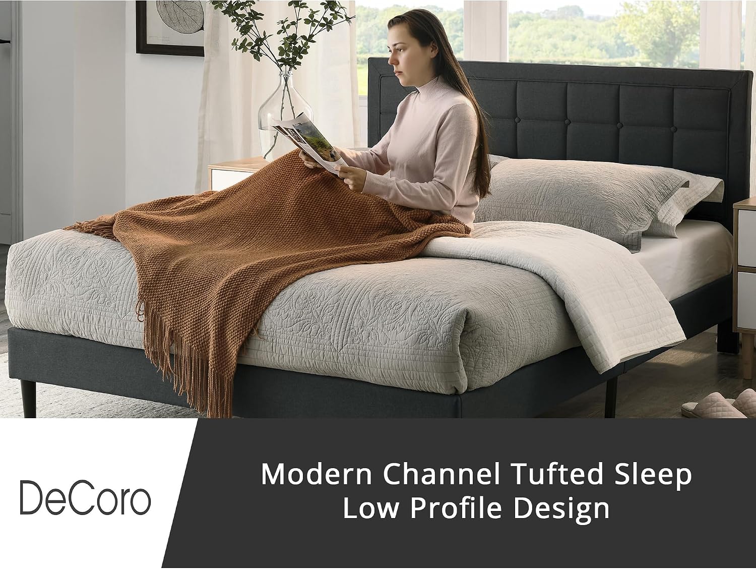 Decoro Mornington Upholstered 2.0 Platform Bed, Button-Tufted Fabric Headboard and Metal Frame with Wood Slat Support, Dark Grey, Full