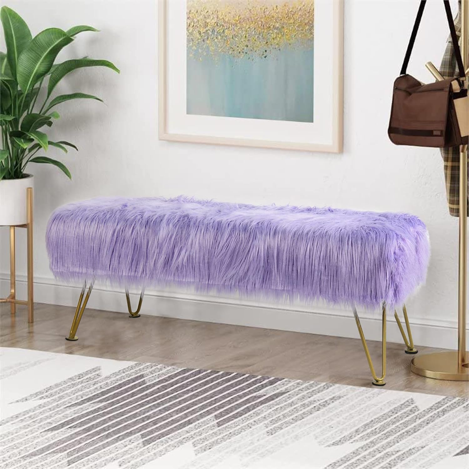 Purple Soft Plush Faux Fur Ottoman Entryway Bench Furry Footrest Stool 46'x16'x17' Sturdy Accent Long Bench for Bedroom End of Bed Vanity Closet Fuzzy Coffee Table for Living Room Gold Legs