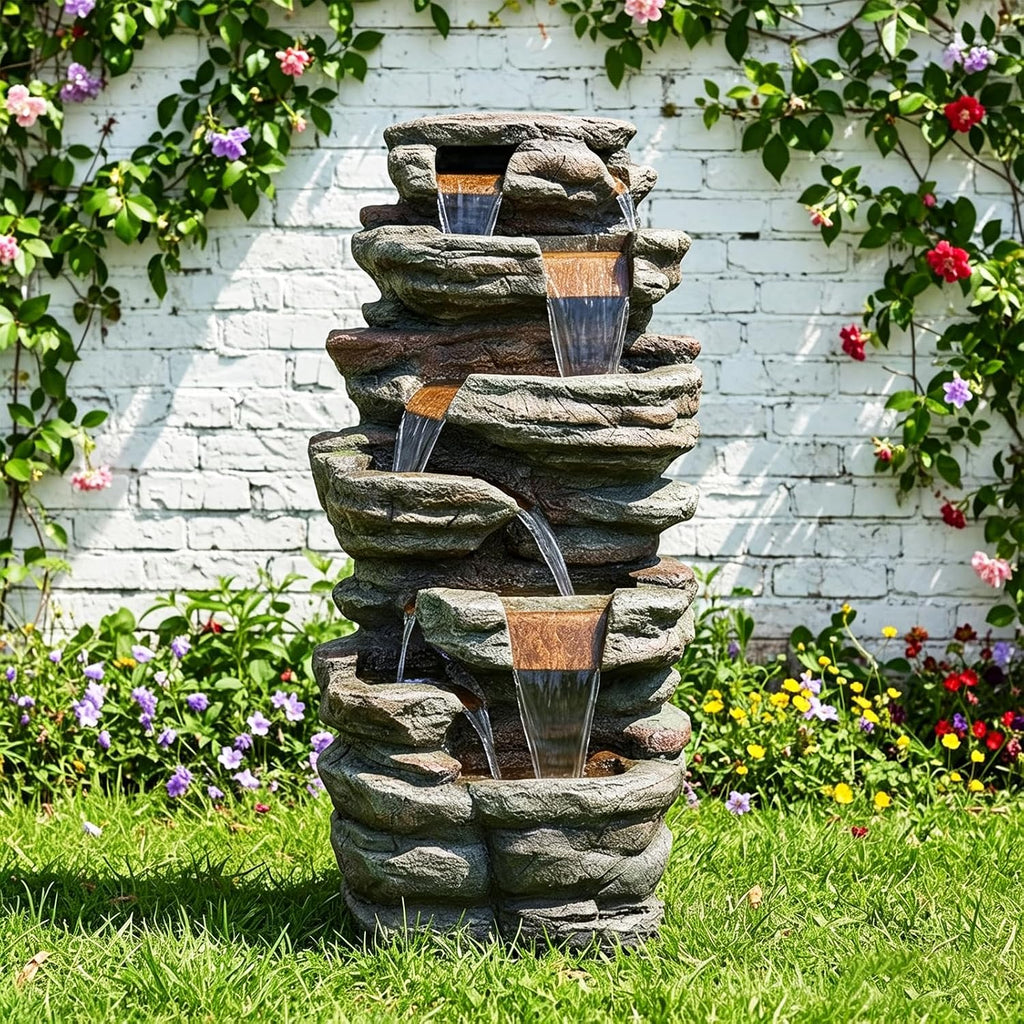 Naturefalls 48' High Outdoor Rock Water Fountain with LED Lights - Mutil-Tiers Poly-Resin Cascading Waterfall Fountain for Garden, Patio, Yard, Home Decor