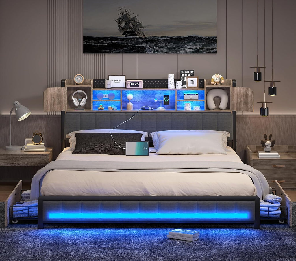 CSZZD Queen Bed Frame with 4 Storage Drawers and Bookcase Headboard, Upholstered Bed Queen Size with USB Charging Station & LED Lights, Metal Platform Bed with Storage, No Box Spring Needed, Oak Gray