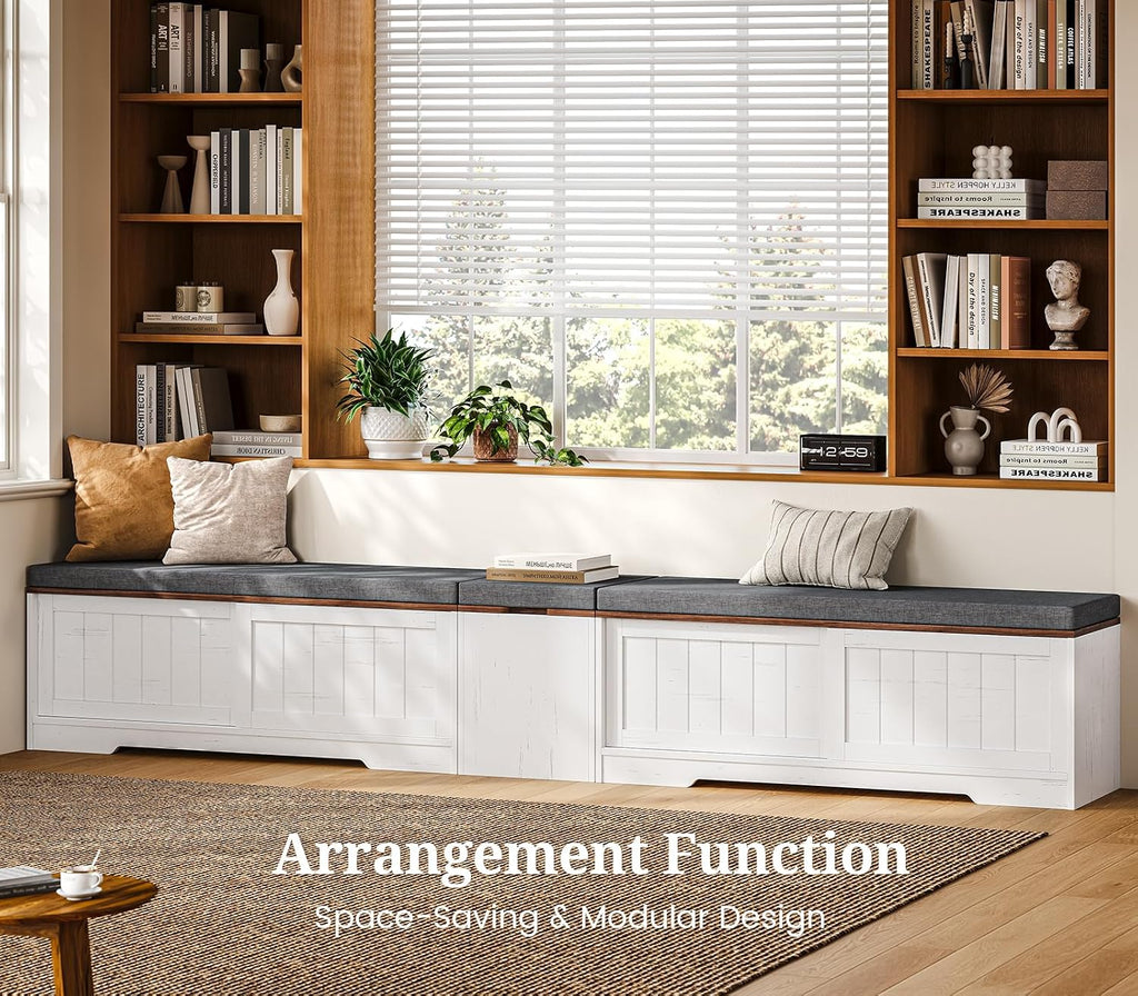 UPOSOJA Farmhouse L Shaped Corner Shoe Storage Bench with Cushion Entryway Shoe Rack with Slide Barn Doors, Adjustable Shelf and 1 Cabinet for Entryway Dining Room, Kitchen, Bedroom (White-Brown)