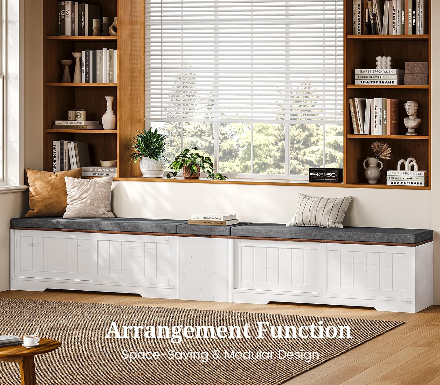 UPOSOJA Farmhouse L Shaped Corner Shoe Storage Bench with Cushion Entryway Shoe Rack with Slide Barn Doors, Adjustable Shelf and 1 Cabinet for Entryway Dining Room, Kitchen, Bedroom (White-Brown)