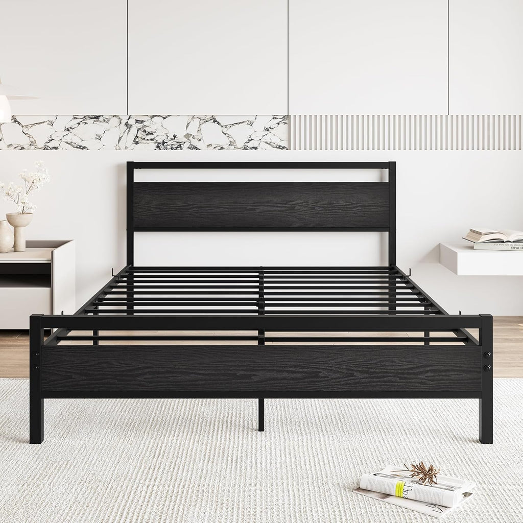 BOFENG Black Queen Size Bed Frames with Wood Headboard,Heavy Duty Metal Platform Bed Frame with Storage No Box Spring Needed,Strong Steel Slats Support,Noise Free