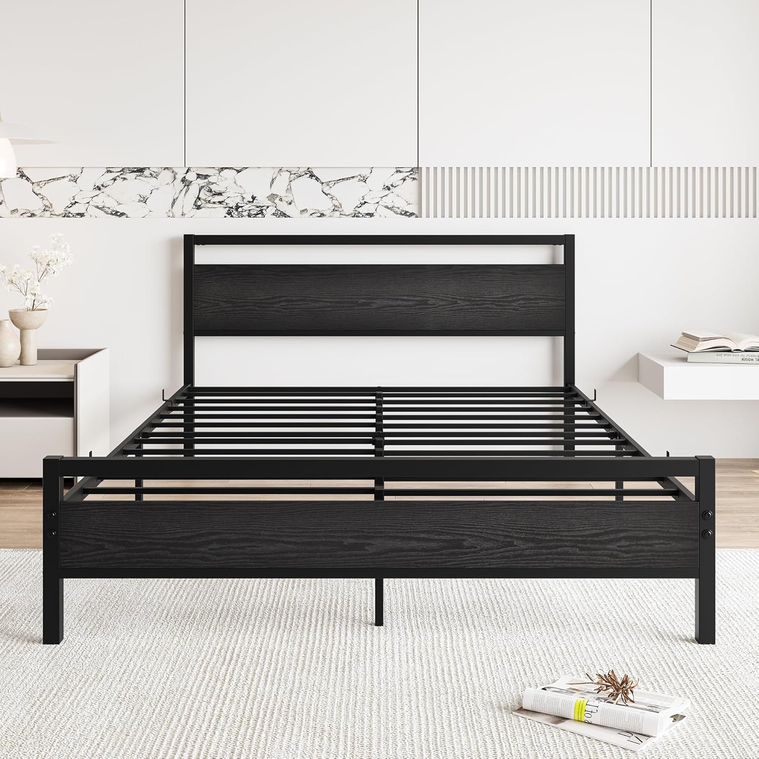 BOFENG Black Queen Size Bed Frames with Wood Headboard,Heavy Duty Metal Platform Bed Frame with Storage No Box Spring Needed,Strong Steel Slats Support,Noise Free