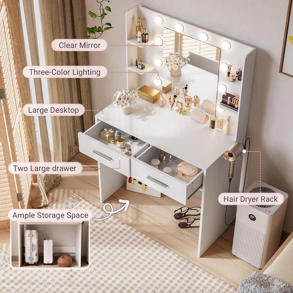 JUMMICO Makeup Vanity Desk with Mirror and Lights Power Outlet, Vanity Table Makeup Desk 2 Drawers, 6 Storage Shelves Hairdryer Holder & Bench Dressing Table for Bedroom (White, No Bench)