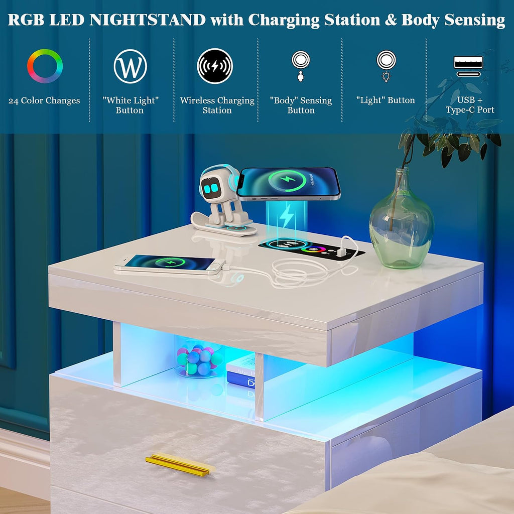 WOOVIVS Night Stand with Light, High Gloss Nightstand with USB/Wireless Charging Station, LED White Nightstands with Storage Drawers, RGB Side End Table for Bedroom Furniture（White