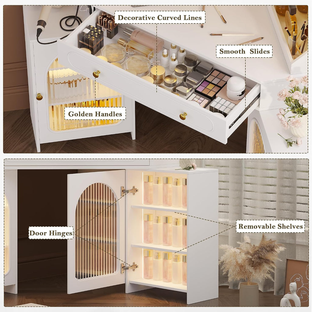Corner Vanity Desk with 3 Way Mirror & LED Lights, Makeup Table Set with Charging Station, Storage Drawers & Side Cabinets, Modern Bedroom Dressing Table for Women & Girls Birthday Gift