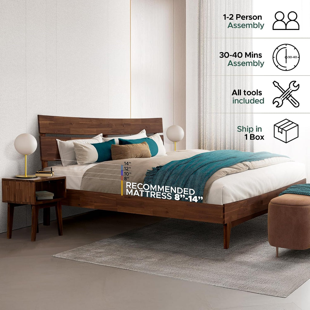 Acacia Aurora King Solid Wood Bed Frame with Headboard – Gift Matching Nightstand Included, Mid-Century Modern Farmhouse, Walnut Finish, 800 lbs Capacity, Sturdy, No Box Spring, Easy Assembly