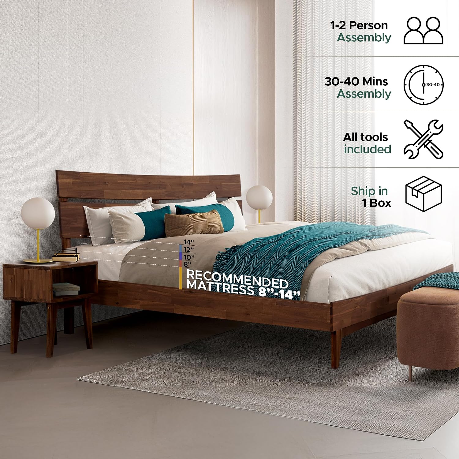 Acacia Aurora King Solid Wood Bed Frame with Headboard – Gift Matching Nightstand Included, Mid-Century Modern Farmhouse, Walnut Finish, 800 lbs Capacity, Sturdy, No Box Spring, Easy Assembly