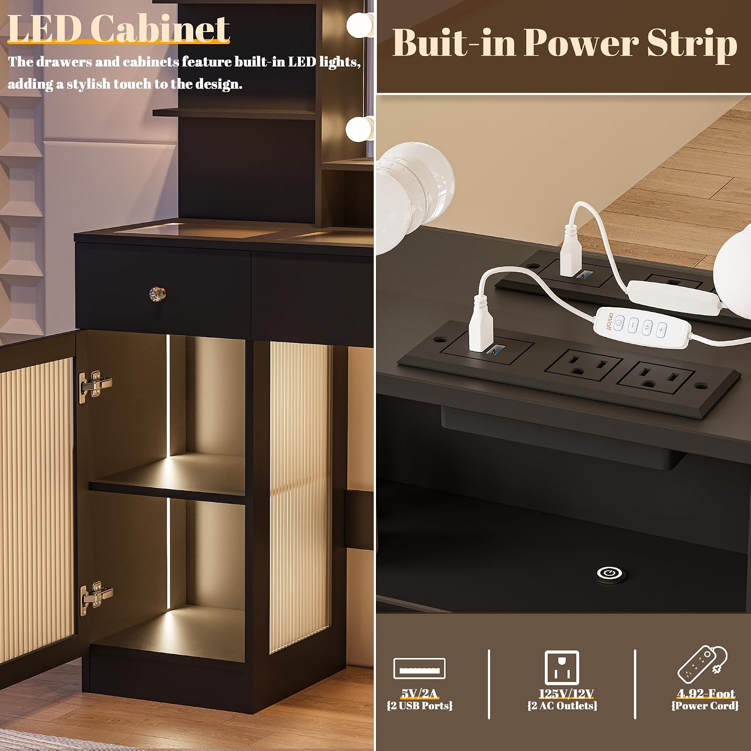 INNOD 40' Vanity Desk with Large Mirror and Lights, Modern Glass Top Makeup Vanity Set with Power Outlet, Drawers and Cabinet, 3 Lighting Color Adjustable Dressing Table for Bedroom, Black